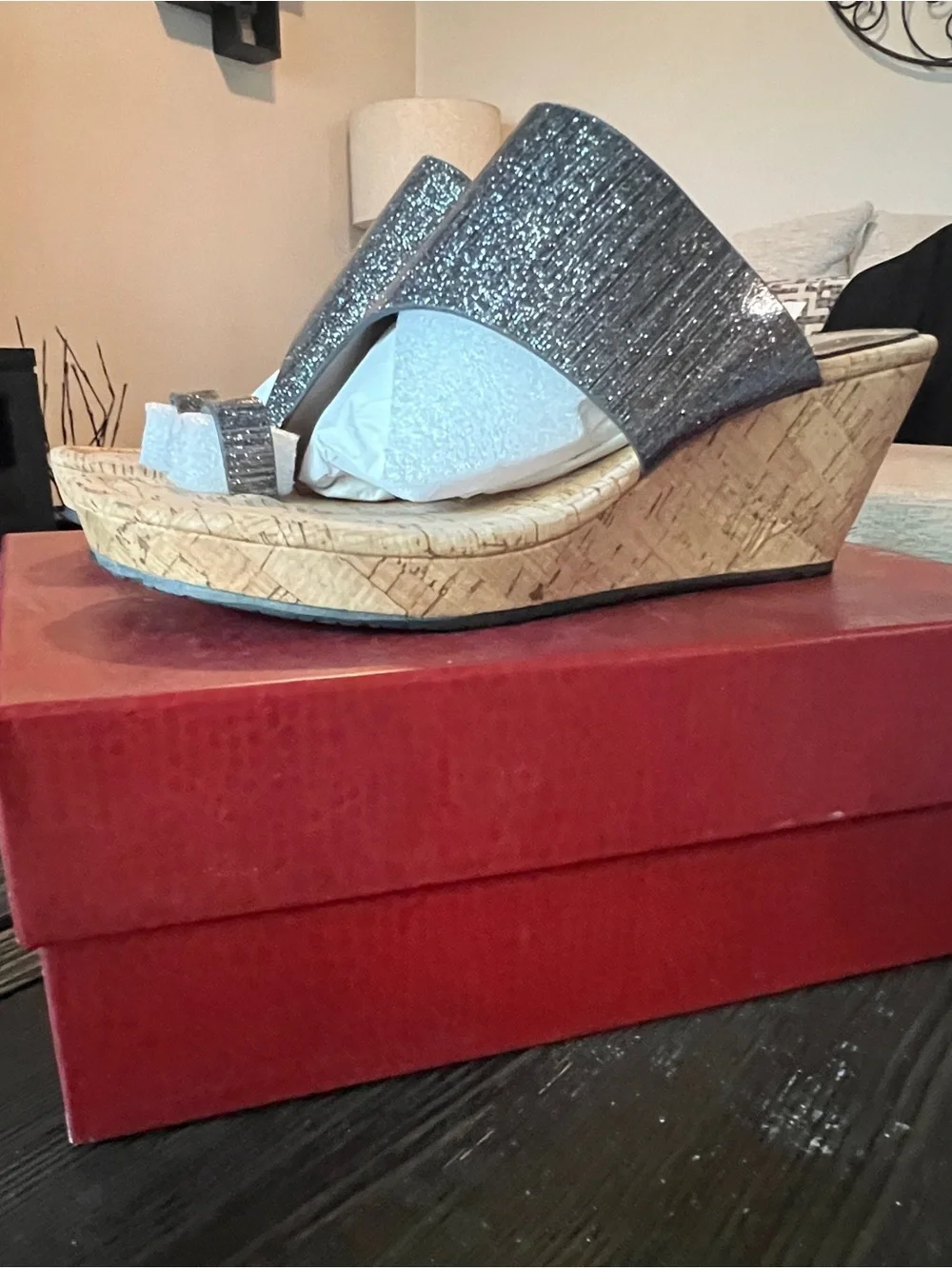 Donald J. Pliner Gray Glitter Patent Textured Cork Wedge Sandals